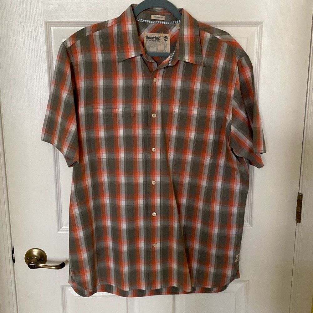 Mens Timberland Short Sleeve Button Down Plaid Shirt, Tan and Orange, Size Large
